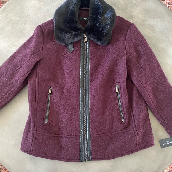 NWT Kenneth Cole wool faux fur collar burgundy women’s coat size large. - Picture 9 of 16